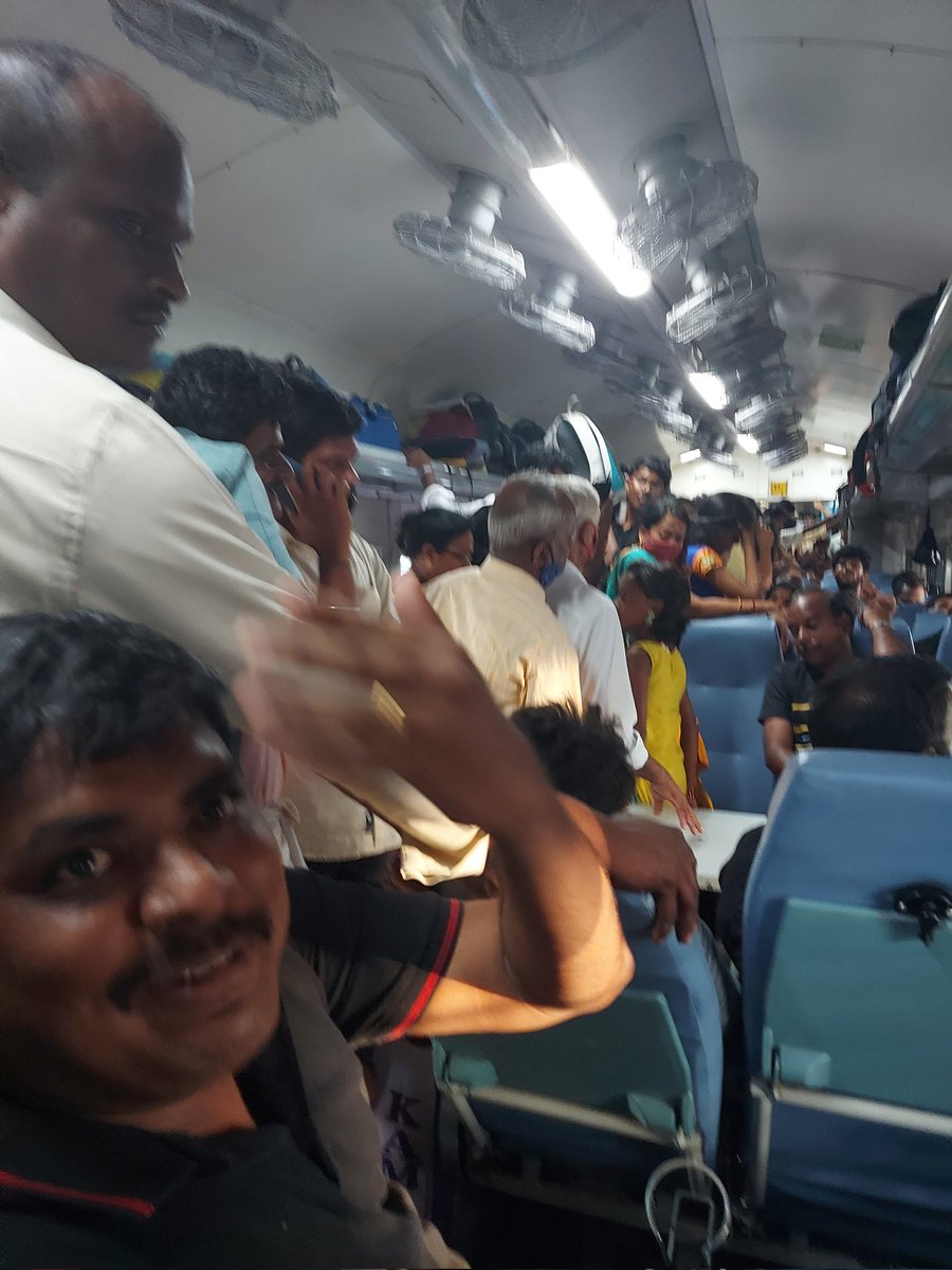 itissaran's tweet photo. @GMSRailway Currently(03.12.2022) at 3.45 PM. I am travelling from Chennai to Karaikudi in Pallavan express (12605). Other than reserved people lot of unreserved people occupied the coach. We cannot even go to the rest room. We are worried about our safety and security. https://t.co/HO6HfbyxoQ