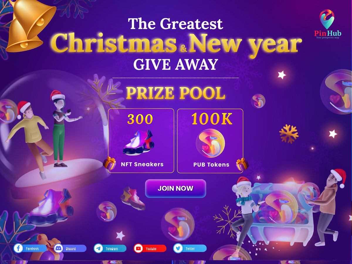 🎄CHRISTMAS &amp; NEW YEAR AIRDROP🎄

  🔔 In the spirit of #Christmas and #NewYear, we are giving you a massive #Airdrop event with BIG prize pool 
  🎁 300 NFT + 100.000PUB token
  ⏰Time: 5thDec 22 - 5thJan 23

✅Access this link and finish those tasks gleam.io/VfYUq/pinhub-c…
🎉🎉