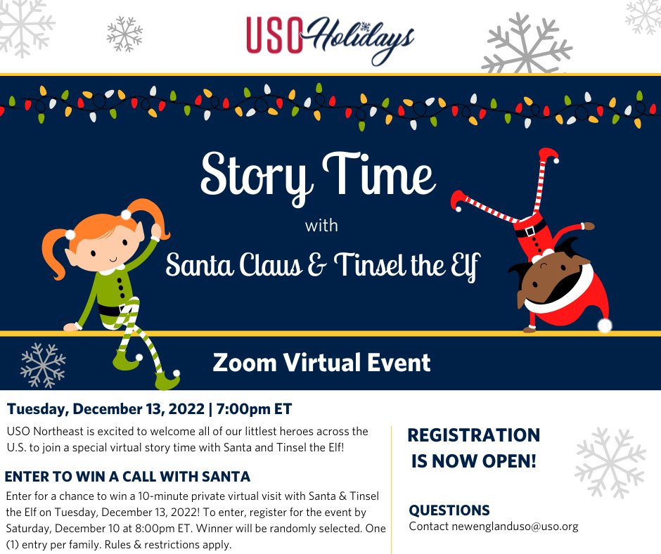 Santa Claus is coming to town (virtually) for story time! #USOHolidays

Register to join the fun with the big man and his helper, Tinsel the Elf: newengland.uso.org/usosanta

Call with Santa Official Rules Eligibility: newengland.uso.org/santasweepstak…