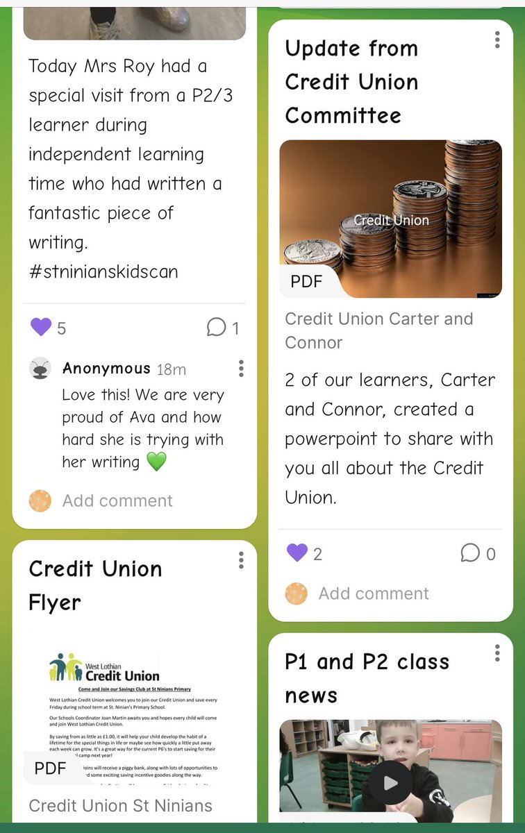 StNinianPS's tweet photo. Our Roving Reporters are showcasing their skills of communication and collaboration again this week with a wonderful Flex Friday Padlet. 💚💛Check the app / email to read the latest St Ninian’s News from all classes and pupil committees. #stninianskidscan #leadershipoflearning https://t.co/wte1FNUHWV