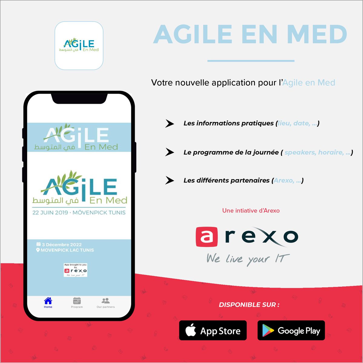 Nous sommes partenaires de l’<a href="/agile_med/">Agile En Méditerranée</a> Tunis 2022 ! 🎊

Nous sommes fiers de soutenir cette initiative ! 💪

Retrouvez les infos de la journée sur l'application ! ✔

#partenaire #agile #it #agileenmed