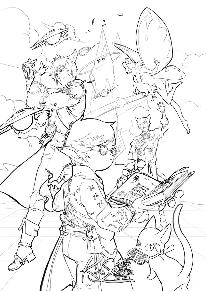 #ffxiv drew my characters! :3 
Might want to give them some colors later on. 
