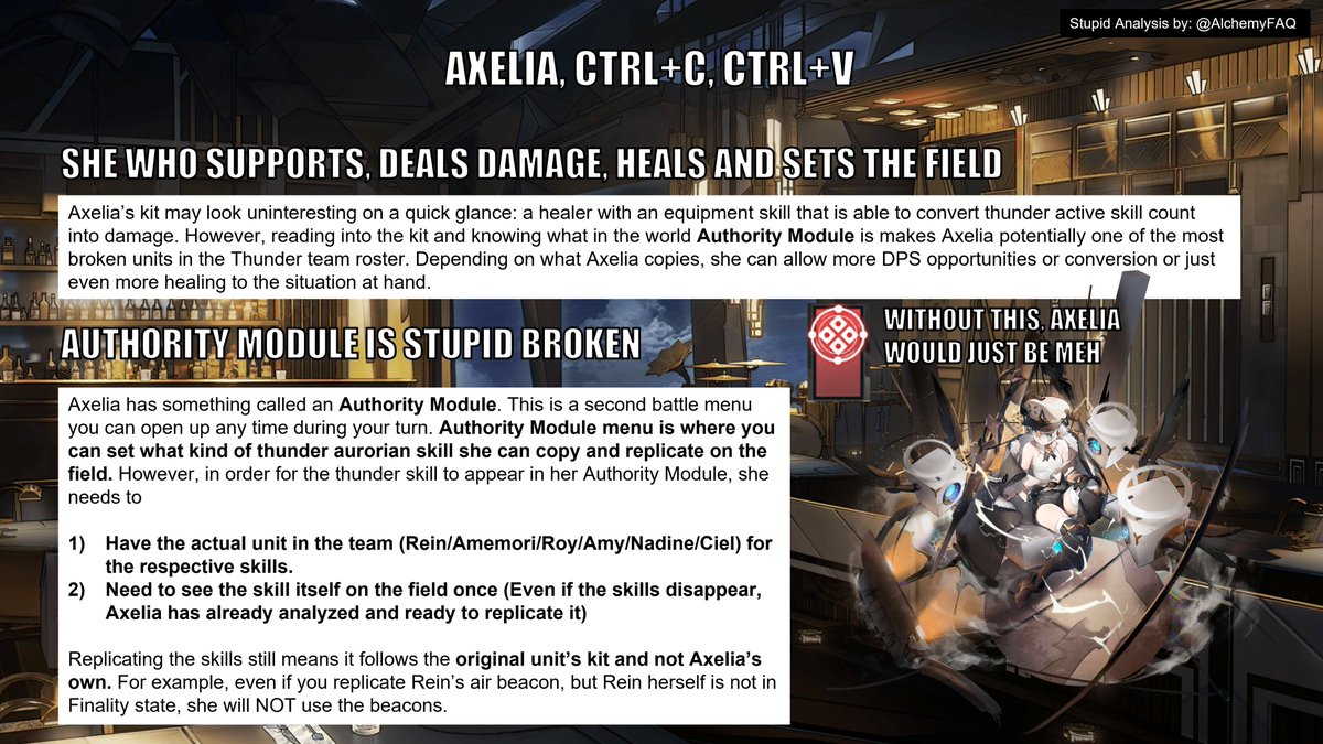 AlchemyFAQ's tweet photo. Axelia is an insane unit in the thunder roster, here's why.
From here on, I will be streaming making these every weekend. Those who show up will have the chance to decide what guide I should make next
That said, next guide is Nina
#Axelia #tourdog #alchemystars #thunder https://t.co/ke1LFXU905