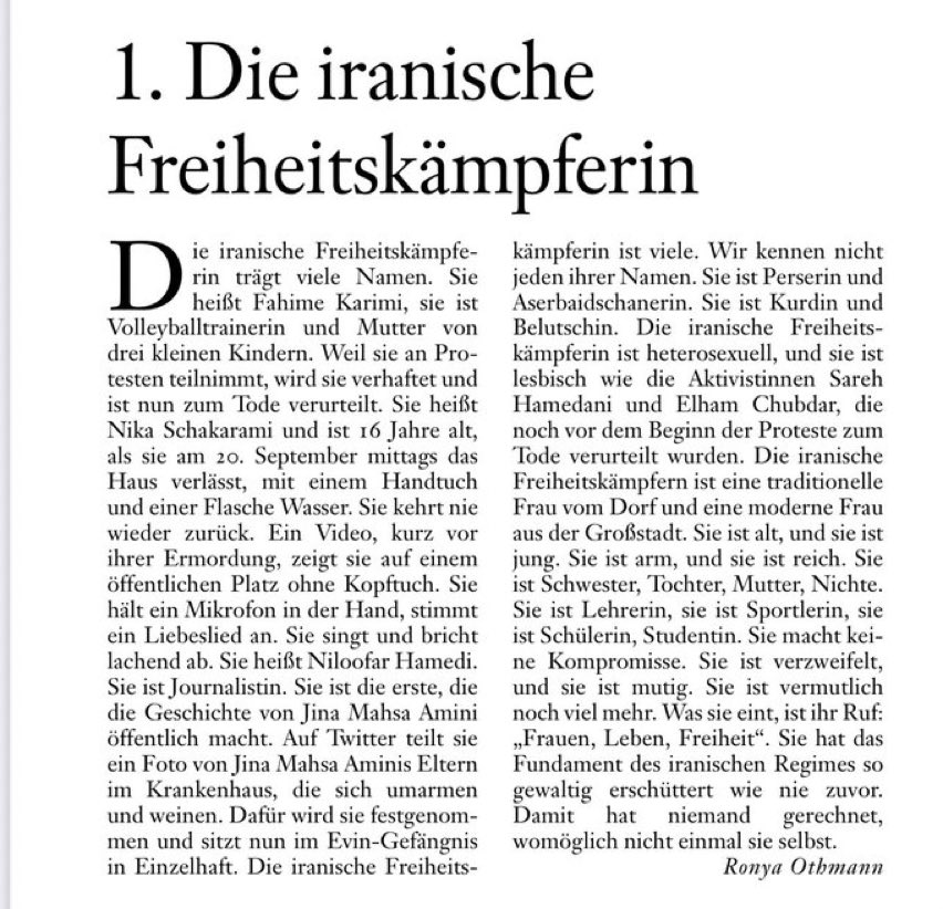 #FrauenLebenFreiheit ❤️ Die iranische Freiheitskämpferin ist Kulturperson des Jahres @faznet. Danke @DuezenTekkal fürs Teilen und Kämpfen 🌿🫶🌿 #Schwesternschaft