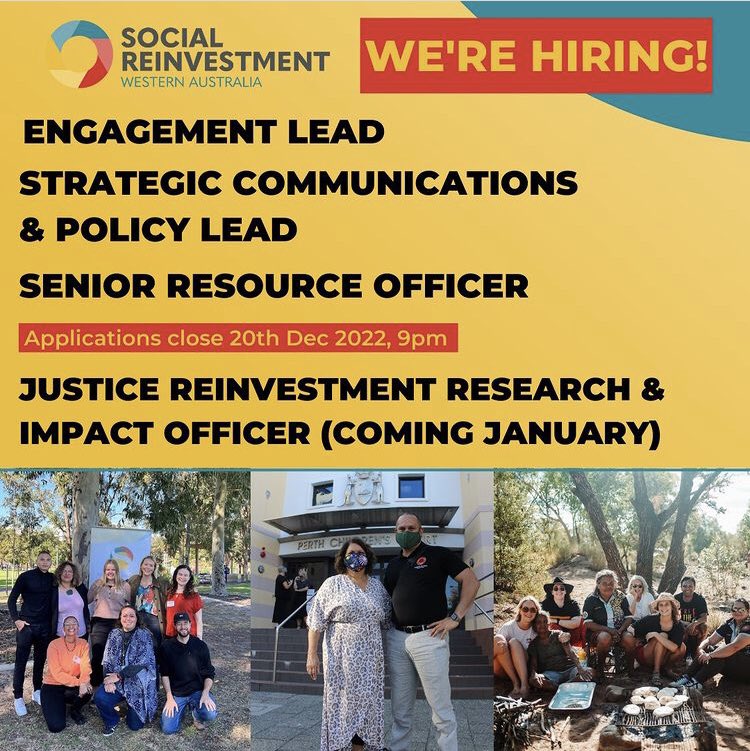 Social Reinvestment WA (@socialrwa) on Twitter photo We’re looking for people to join our <a href="/SocialRWA/">Social Reinvestment WA</a> team, and help us transform WA’s justice system.
ethicaljobs.com.au/jobs-at-wungen…
#RaiseTheAge #JusticeReinvestment We’re looking for people to join our <a href="/SocialRWA/">Social Reinvestment WA</a> team, and help us transform WA’s justice system.
ethicaljobs.com.au/jobs-at-wungen…
#RaiseTheAge #JusticeReinvestment
