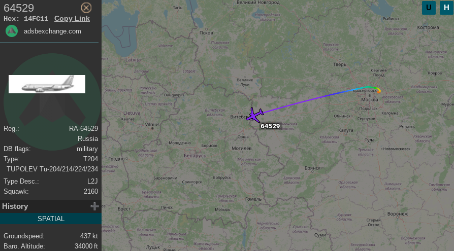 vcdgf555's tweet photo. Russian Air Force Presidential airborne command post aircraft crossing into 🇧🇾 Belarussian airspace.
🇷🇺 64529 is Tu-214PU-SBUS RA-64529 #14FC11 https://t.co/JZUUtcWGDn