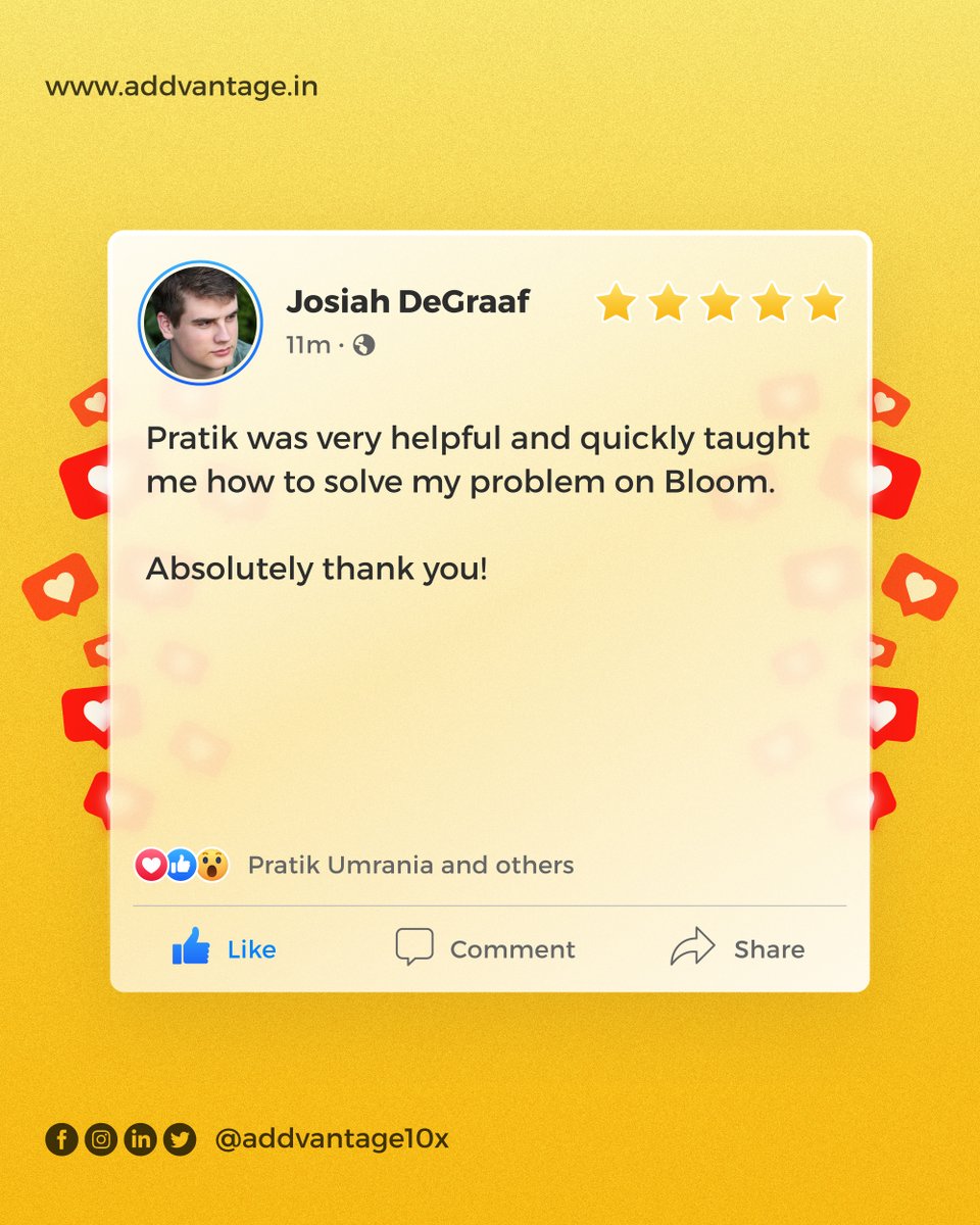 addvantage10x's tweet photo. "Pratik was very helpful and quickly taught me how to solve my problem on Bloom. Absolutely thank you!"
👨 Josiah DeGraaf
#addvantage #growbusiness #digitalagency #founder #pratikumrania https://t.co/l39SoJNF0G