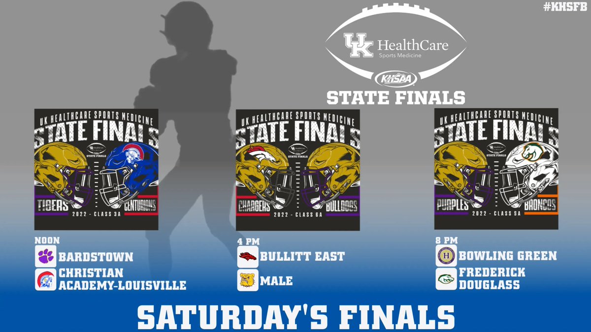 KHSAA's tweet photo. 🏆 Championship weekend concludes today. 
🎟 https://t.co/2gPNFYuEQN
📺 https://t.co/VvrawgNnbX @NFHSNetwork 
📻 https://t.co/uhjJXKXy1L 
#khsfb https://t.co/h3DZWSpuYE