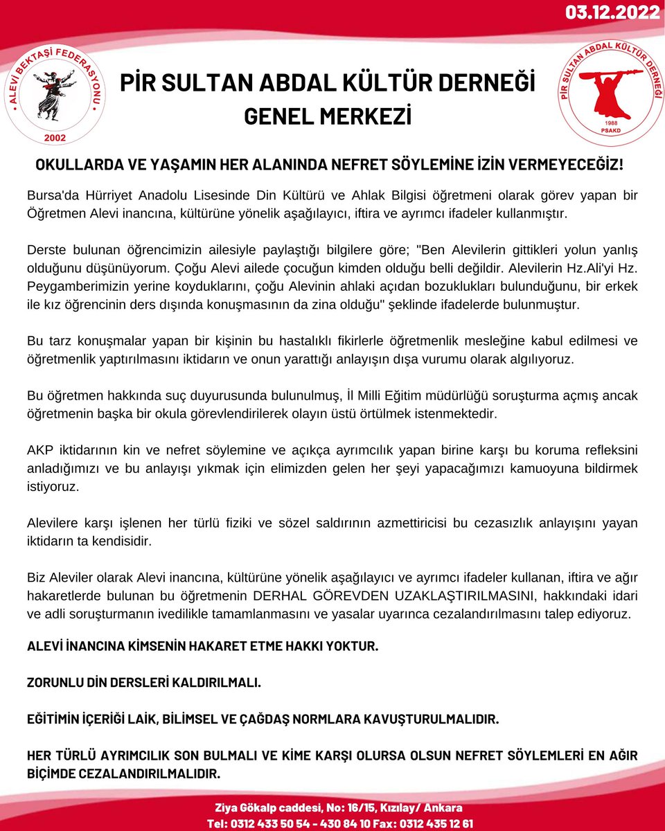 psakd1988's tweet photo. Bursa'da Hürriyet Anadolu Lisesinde Din Kültürü ve Ahlak Bilgisi öğretmeni olarak görev yapan bir Öğretmenin Alevi inancına, kültürüne yönelik aşağılayıcı, iftira ve ayrımcı ifadeler kullanmasına yönelik basın açıklamamız...
#Alevi https://t.co/6m4uM18O2d
