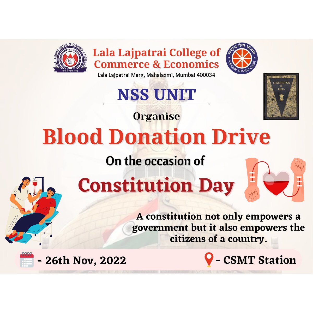 nss_llrc's tweet photo. NSS UNIT of Lala Lajpatrai College of Commerce &amp; Economics organize Blood Donation Drive on the occasion of Constitution Day &amp; remembrance of martyrs of 26/11 at CSMT Railway Station on 26th November 2022 Our 16 Volunteers participated in this drive and collected 44 units blood. https://t.co/0xmdeGgHDh