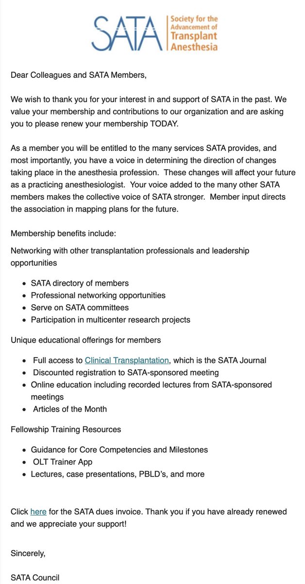 Renew your SATA Membership today! #Transplant #Anesthesia #SATA

👉 Networking with other transplantation professionals and leadership opportunities 
👉 Unique educational offerings for members
👉 Fellowship Training Resources

sata2022.wufoo.com/forms/zq9mvc30…