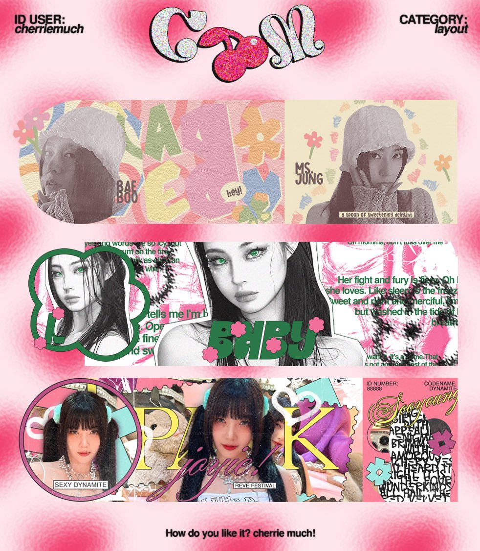 Hi, it’s Nina! Disini aku mau giveaway 3 layout aku ini and here are the rules to join:

  •  Retweet tweet ini &amp;
      tweet layout pilihan kamu.
  •  Reply dengan tag 3 akun.
  •  Lastly, follow <a href="/cherriemuch/">Nina: until then.</a>!

Pemenangnya akan diundi besok malam. Best lucks, x.
#zonauang