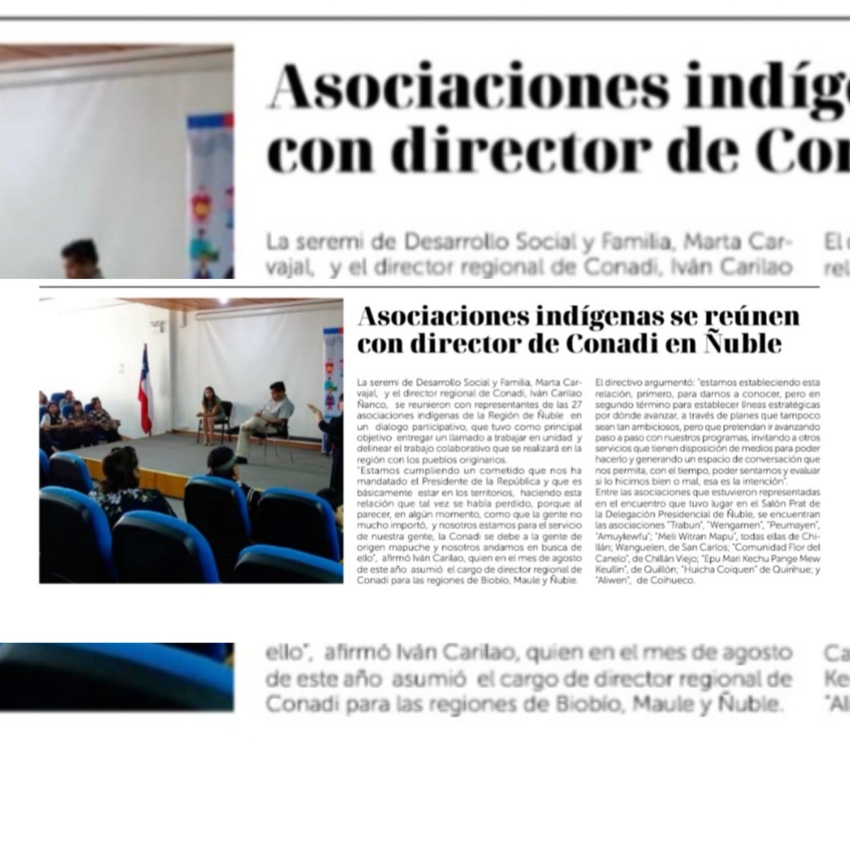 [PRENSA] 👉Diario <a href="/ladiscusioncl/">La Discusión</a> destaca hoy encuentro con asociaciones indígenas de #Ñuble convocado por director regional <a href="/CONADI_Gob/">CONADI</a> <a href="/icarilao/">Ivan Carilao</a> y seremi <a href="/MDSNuble/">Seremi Desarrollo Social y Familia Ñuble</a> <a href="/MartitaCarvaj/">Marta Carvajal</a> para iniciar trabajo conjunto colaborativo y de escucha permanente.