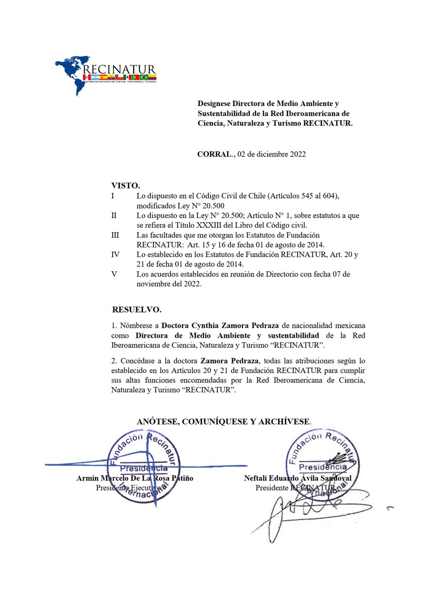 Red Iberoamericana de Ciencia, Naturaleza y Turismo RECINATUR, designa a la Doctora  Cynthia Zamora Pedraza (Mexicana) como Directora de Medio Ambiente y Sustentabilidad.