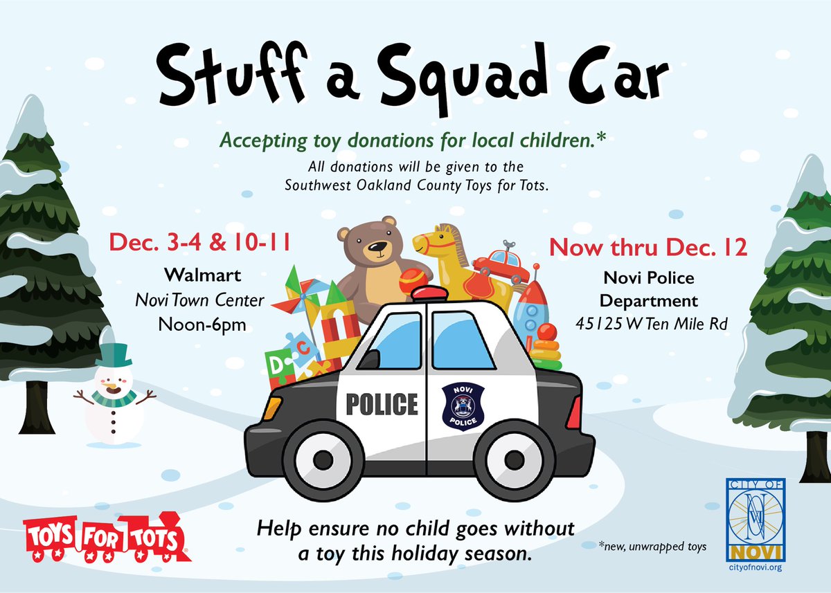 novipolice's tweet photo. Stop by and visit us today and tomorrow at @Walmart in @NoviTownCenter for #StuffASquadCar from noon-6pm to support @ToysForTots_USA. You can also drop of new, unwrapped toys at the Novi Police Department through Dec. 12. @cityofnovi @ChiefZinser https://t.co/p37KqpAZed