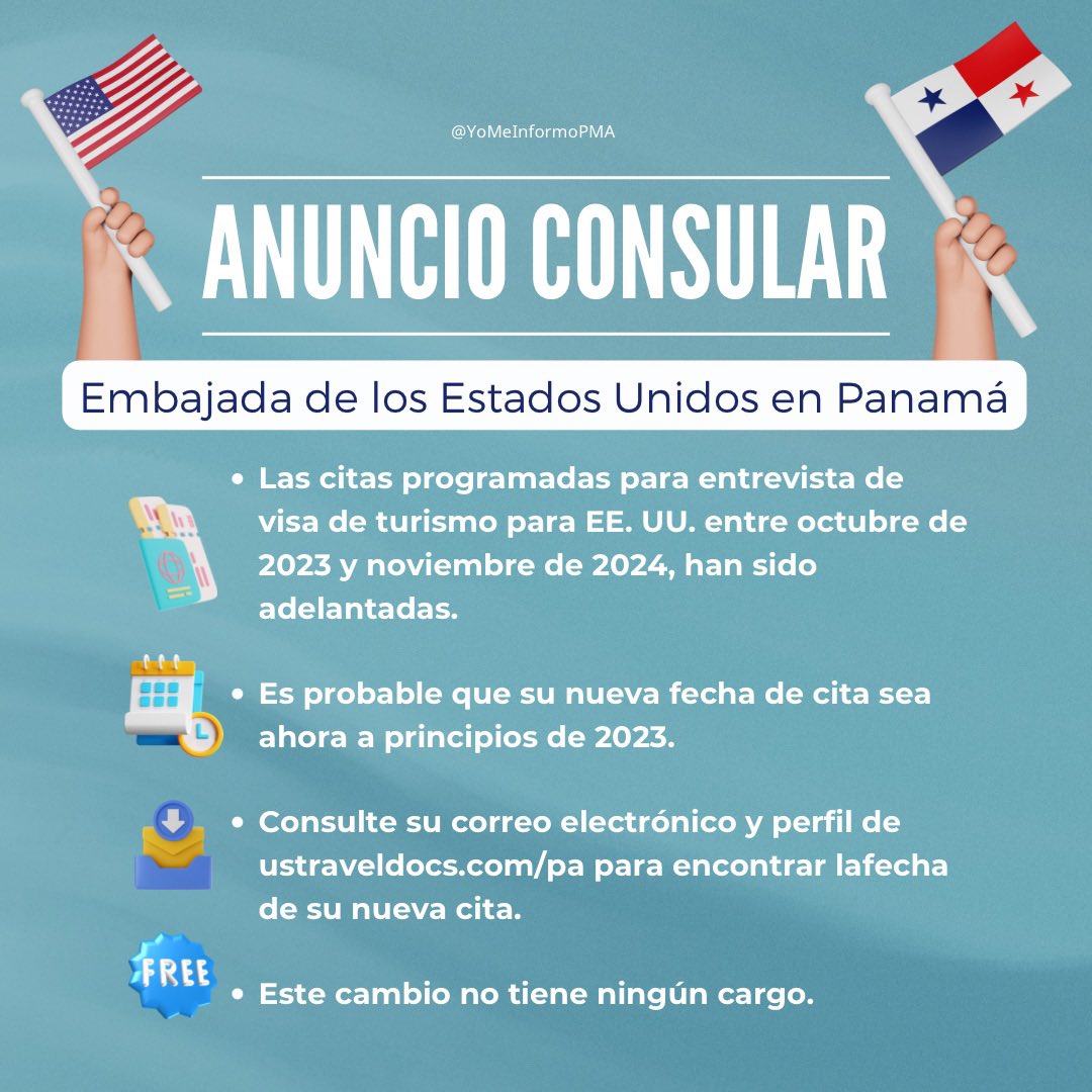 YoMeInformoPma's tweet photo. ¡🇺🇸🫱🏼‍🫲🏻🇵🇦Buenas noticias! La @usembpan anunció que las citas programadas para entrevistas de visa de turismo para EE. UU. entre octubre de 2023 y noviembre de 2024, han sido adelantadas.

Más información: https://t.co/Wx0cpLe2VX https://t.co/yHRbPGft87
