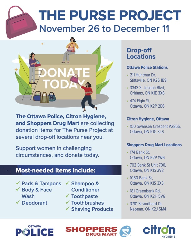 OttawaPolice's tweet photo. #PurseProject7: The Ottawa Police Service and our partners Shoppers Drug Mart and Citron Hygiene are once again inviting Ottawa residents to help us collect personal hygiene products for women. You can donate products until December 11. 

https://t.co/1hGpkF5Ifg https://t.co/e9MXu9VGm4