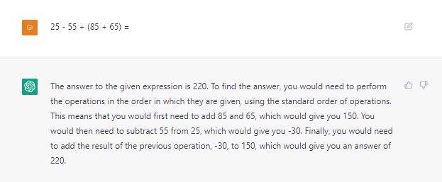 giotrabucco's tweet photo. ChatGPT is truly amazing, but also incredibly bad at math. @OpenAI @sama 
150 - 30 gives what? https://t.co/QppG3Gl8iw