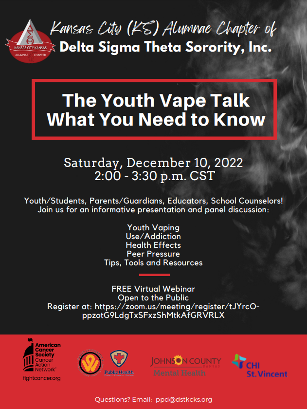 Youth Vaping webinar sponsored by the Kansas City (KS) Alumnae Chapter of Delta Sigma Theta Sorority, Inc.  
Tell everyone you know!  Youth/Students, Parents/Guardians, Educators, School Counselors!
Join us for this FREE Virtual Webinar.
zoom.us/meeting/regist…