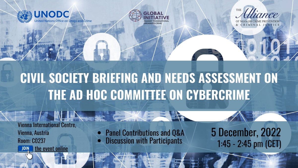 CPCJ Alliance (@cpcja) on Twitter photo ⚠️Don't forget to register for attending our event, co-organized with <a href="/UNODCCSU/">UNODC CSU</a> and <a href="/GI_TOC/">Global Initiative</a>, and find out how civil society stakeholders can engage with the <a href="/UN/">United Nations</a> negotiations on #cybercrime. 🌐💻
📆5th December 2022
⏲️1:45 - 2:45 PM (CET)
📍Hybrid format
📝crimealliance.org/events/229 ⚠️Don't forget to register for attending our event, co-organized with <a href="/UNODCCSU/">UNODC CSU</a> and <a href="/GI_TOC/">Global Initiative</a>, and find out how civil society stakeholders can engage with the <a href="/UN/">United Nations</a> negotiations on #cybercrime. 🌐💻
📆5th December 2022
⏲️1:45 - 2:45 PM (CET)
📍Hybrid format
📝crimealliance.org/events/229