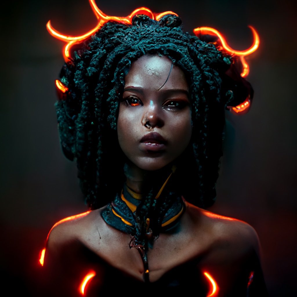 _be_phx's tweet photo. @Nubianizm I’m just finding you today (via ig). I would love to learn how to make these as detailed as you. I love Midjourney but feel like I’m missing something with the prompts. These are my Medusas. https://t.co/WL1m4ZPkHt