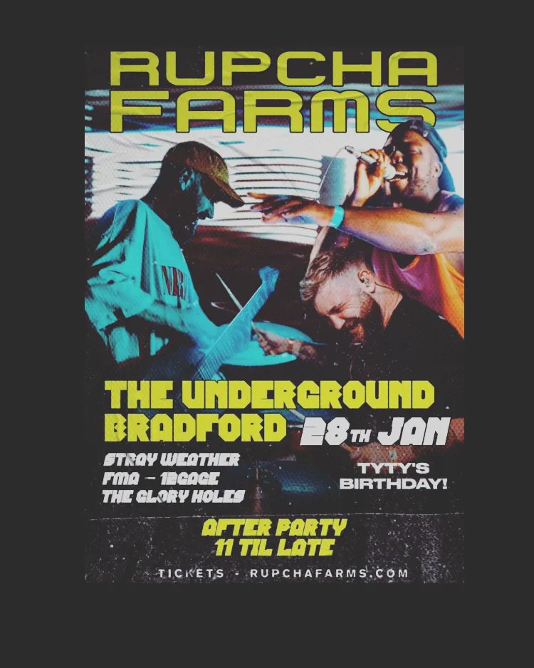 Tyty Richards (Package) π₯ (@tytypackage) on Twitter photo <a href="/RupchaFarms/">Rupcha Farms</a>
HOMETOWN HEADLINE SHOW
JAN 28TH
THE UNDERGROUND
BRADFORD
+ PACKAGE BDAY AFTERPARTY TILL 3AM
NEW MATERIAL, SICK SUPPORT. COME JAM WITH US
TICKETS AT ππΏ
π₯π₯ rupchafarms.com π₯π₯
#RFTOTHEDEATHOFME <a href="/RupchaFarms/">Rupcha Farms</a>
HOMETOWN HEADLINE SHOW
JAN 28TH
THE UNDERGROUND
BRADFORD
+ PACKAGE BDAY AFTERPARTY TILL 3AM
NEW MATERIAL, SICK SUPPORT. COME JAM WITH US
TICKETS AT ππΏ
π₯π₯ rupchafarms.com π₯π₯
#RFTOTHEDEATHOFME
