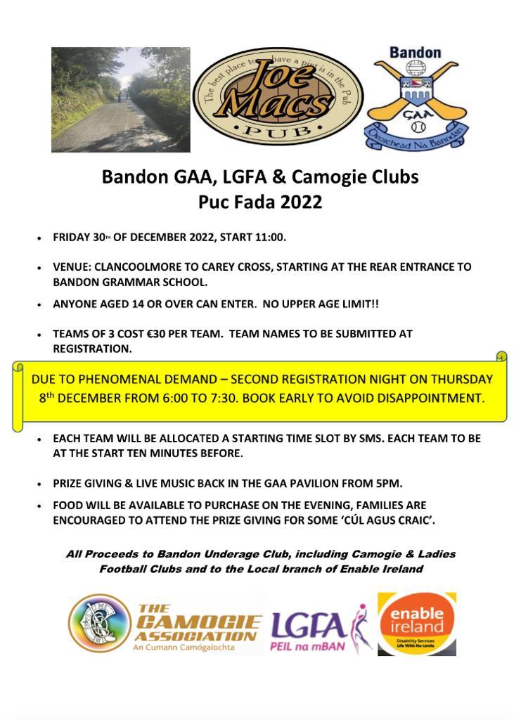 Lots of questions coming in about Puc Fada and missing the registration night last week! Don't worry we have decided to put on a second night registration to meet demand! So put it in the diary's- Thursday the 8th of December in the pavillion between 6pm and 7.30pm!