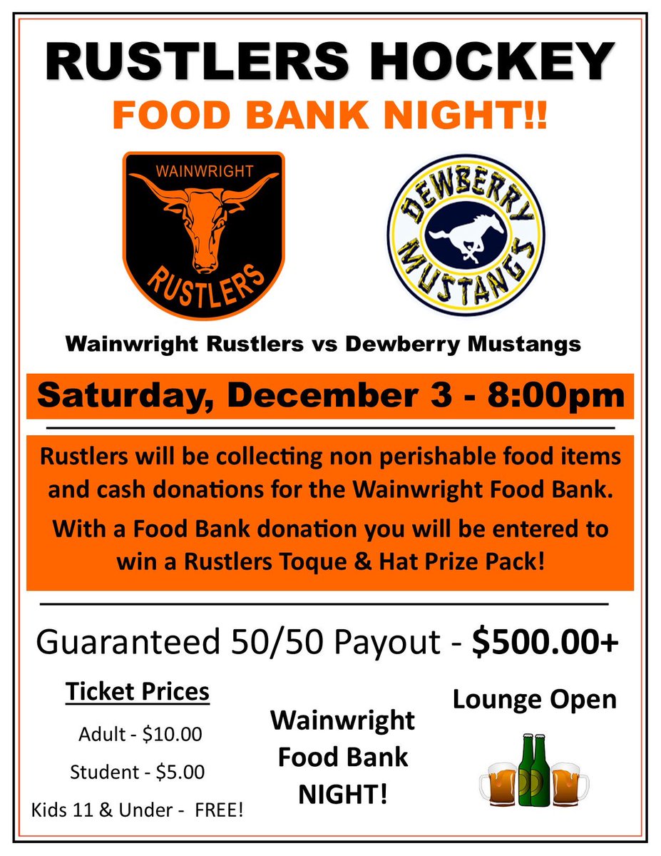 WWRustlers's tweet photo. It’s Game Day!
The Rustlers Organization is excited for our annual "Food Bank Night" tonight vs @DewberryMustang
🎟Guaranteed 50/50 Payout - $500.00+
🍺Lounge Open - $5 Drinks
🎥Youtube live: WainwrightRustlers
#WWRustlers https://t.co/03YBffNfW7