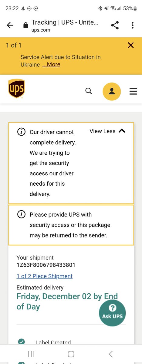 aaronb1985's tweet photo. @UPS can you please confirm what this means and how I get my parcels? Waited in 2 days (text message said it was coming Thursday, then email said Friday), noone left the house. Doorbell never rang, door never knocked, no fence or gate to pass. No undelivered slip left. Frustrated https://t.co/jOTmDYy3qo