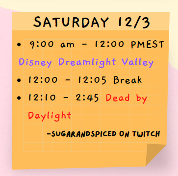 SugarandSpiced_'s tweet photo. Today's Twitch Schedule for SugarandSpiced on Twitch🎇
↪️https://t.co/KCia7S7hMZ
 #schedule #sugarandspiced #twitch #twitchaffiliate #gamer #december #saturday #disney #disneydreamlightvalley #deadbydaylight #videogames #mickey #goofy #disnetgame #ddlv #cute #donaldduck https://t.co/VsFsKP99xO