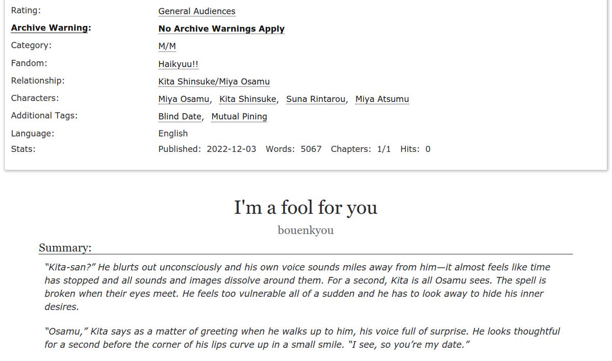 I'm a fool for you • osakita • 5k • Rated G 
For @cher_locked! I'm so sorry this is so late, thank you for your patience! I hope you enjoy reading as much as I enjoyed writing it. 
ao3.org/works/43391454

#osakita #osakitaharvest2022 #治北 <a href="/osakitaweek/">Osakita Fest 🍙🌾 Claims & Posting Period!</a>