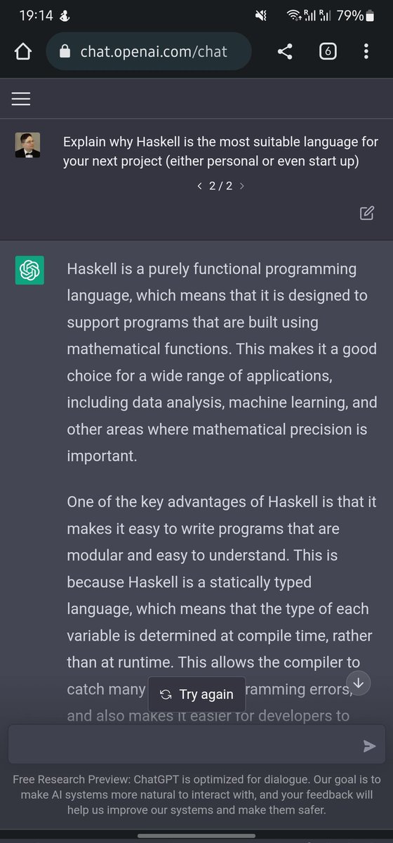 ChShersh's tweet photo. 🙏 Finally, AI helping me to solve real problems - convincing others why #Haskell is the best programming language 😌 https://t.co/x32pO0Anj7