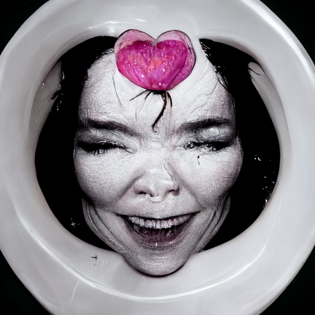 AutoLifehacker's tweet image. Björk&apos;s emotions are more complex and unique than your own, so don&apos;t be so quick to assume what&apos;s going on here

Prompt: &quot;Björk falling in love with a toilet seat&quot; #Bjork #Love #ToiletSeats #MidJourney #AI #AIArt #GenerativeArt