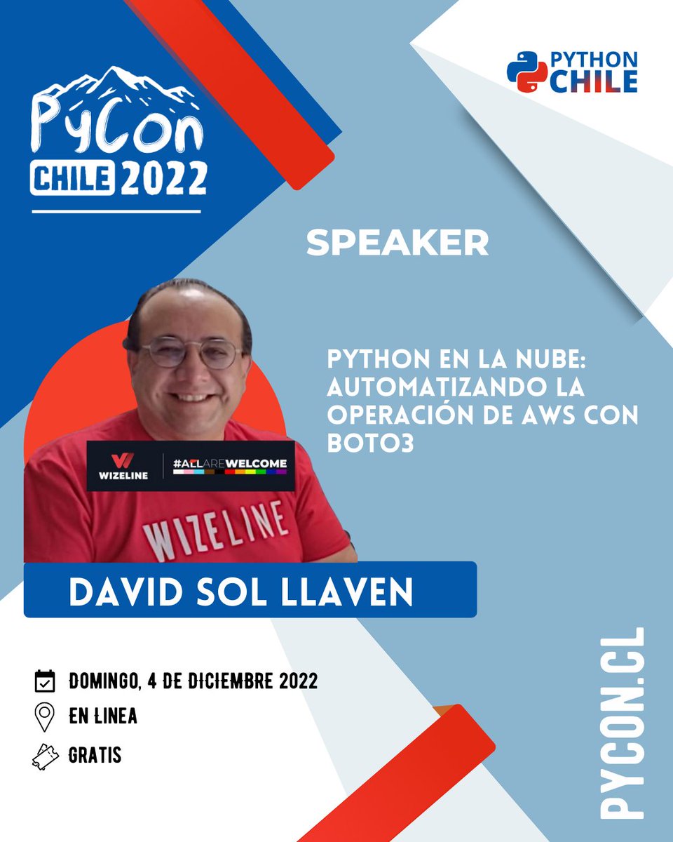 pythonchiledev's tweet photo. 📢Conoce nuestros Speakers🎉🐍
Tenemos el agrado de presentar como speaker de #PyConChile22 🇨🇱 a David Sol, quien nos presentará una charla sobre: "Python en la Nube: Automatizando la operación de AWS con Boto3" en nuestra edición en línea.
Más detalles
https://t.co/69wPD5NbHb https://t.co/nsRRkyVZjB
