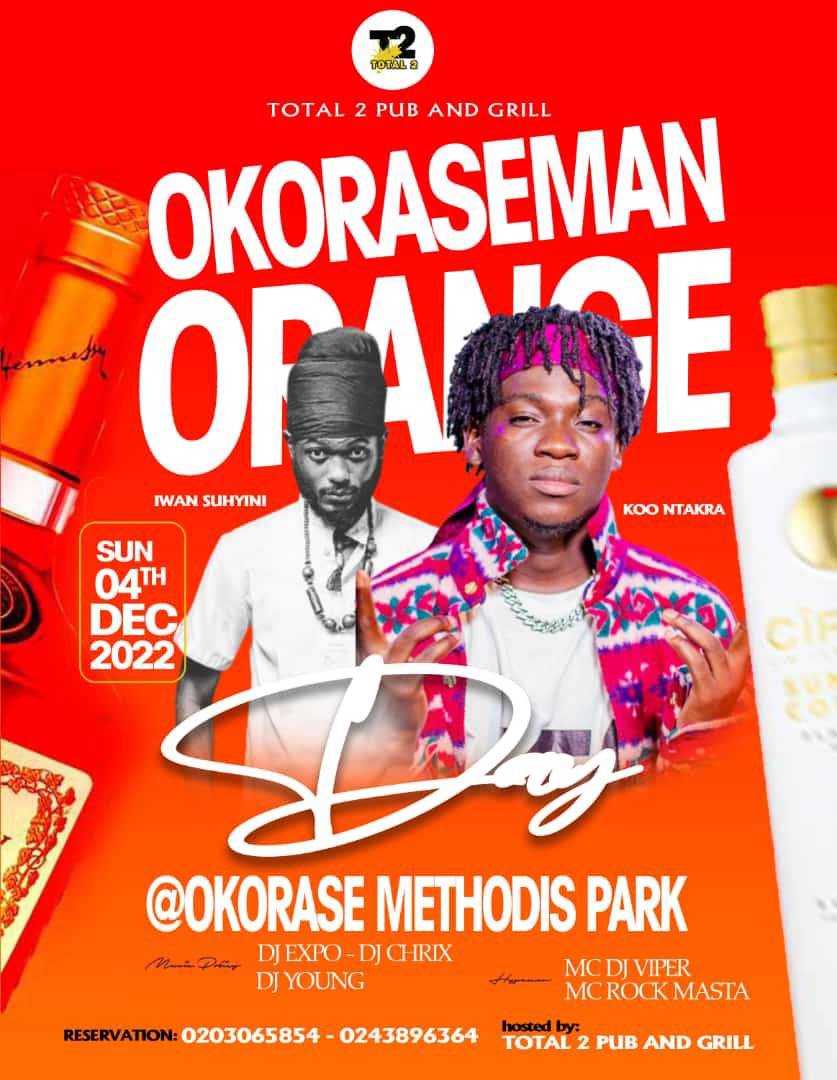 EventSelasi's tweet photo. @total_2_pub at Okorase (KofCitY) tomorrow
@IWAN4gh @KOONTAKRA17 performing live
@rock_mastagh hype man
#OkorasemanOrange
#SelasiEvent
#Total2Bar https://t.co/D1AIGIJbv5
