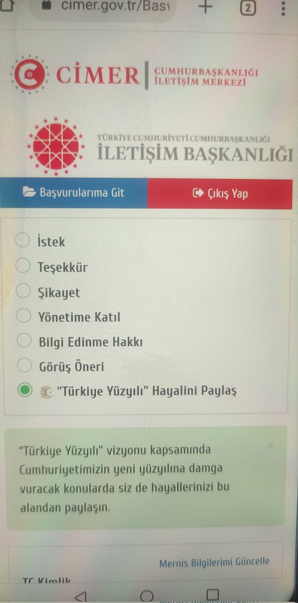 CİMER başvurusuna 
100.yıl başlıgı açılmış lütfen mahkum yakınları 100. Yılda af taleplerini iletelim #GenelAf  <a href="/Mhalukcavusoglu/">M.Haluk Çavuşoğlu</a>