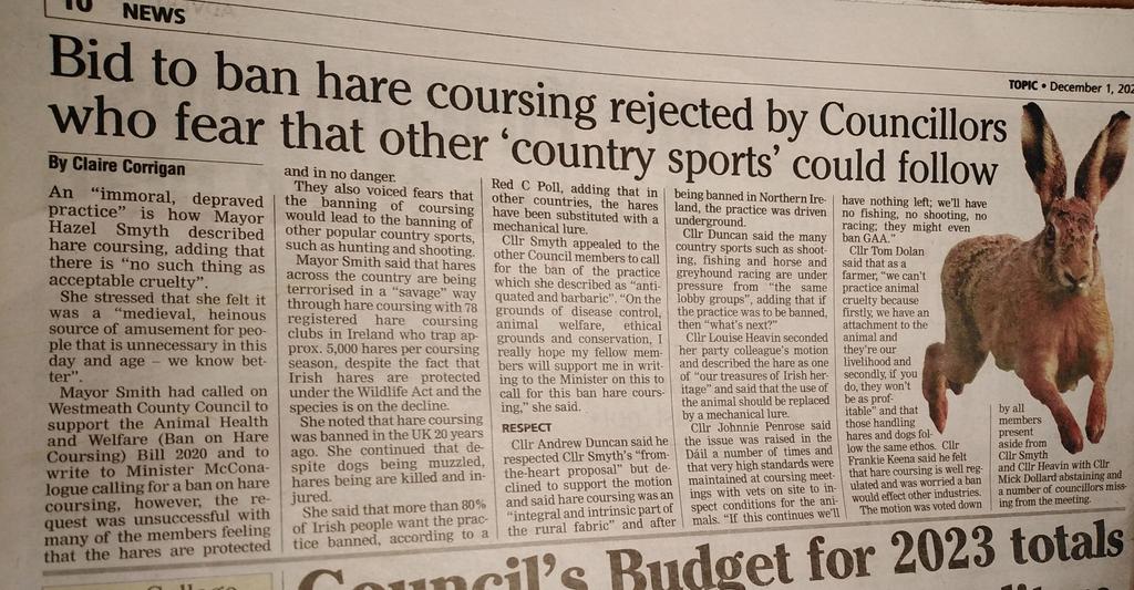 Bid to ban hare coursing rejected by Westmeath County Councillors who fear that other "country sports" could follow. Read the Westmeath Topic report. #AnimalCruelty #BanHareCoursing