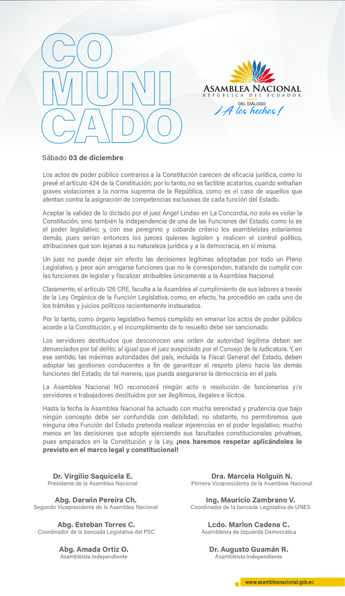 AsambleaEcuador's tweet photo. COMUNICADO || La Asamblea Nacional, ante lo dictado por el juez Ángel Lindao en La Concordia, comunica a la ciudadanía e institucionalidad del país, que no permitirá la injerencia de ninguna Función del Estado y seguirá actuando de conformidad con la Constitución y la Ley. https://t.co/Zq3yRuE5F8