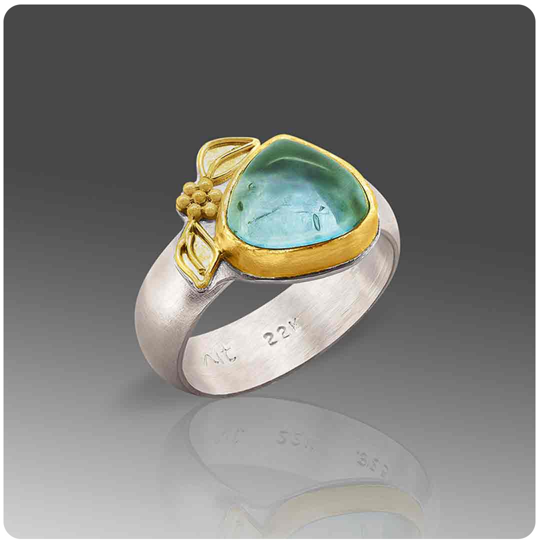 Aquamarine Blossom Ring #22k #granulation #22kgranulation #ancienttechniques #ancientinspiration #highkaratgold #aquamarinerings #coloredstones #giaalumni #goldsmith #uniquehandmaderings #artjewelry #artisanmadejewelry #aquamarinecabochons