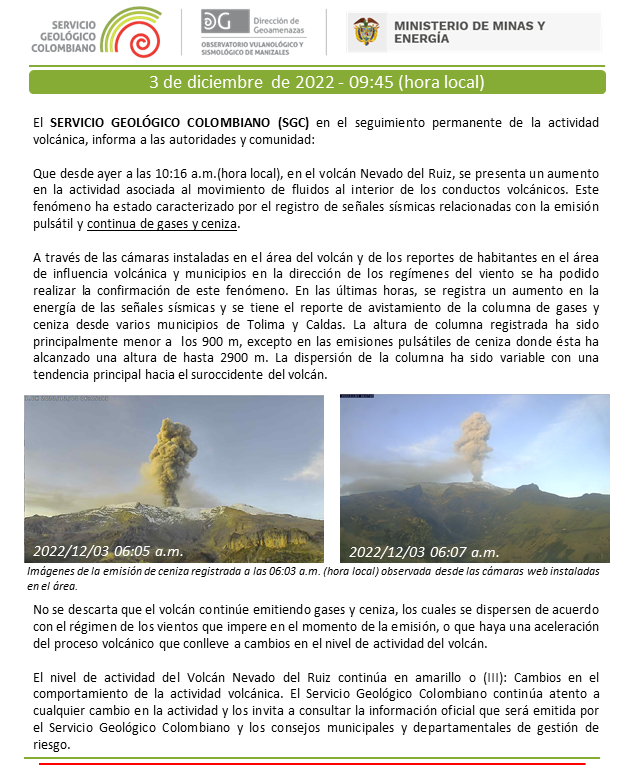 sgcol's tweet photo. Noticia: Emisión continua de ceniza del Volcán Nevado del Ruiz, 3 de diciembre de 2022
https://t.co/1Kw48Cidzi
#SGCVolcanes https://t.co/22dIP5eWi2