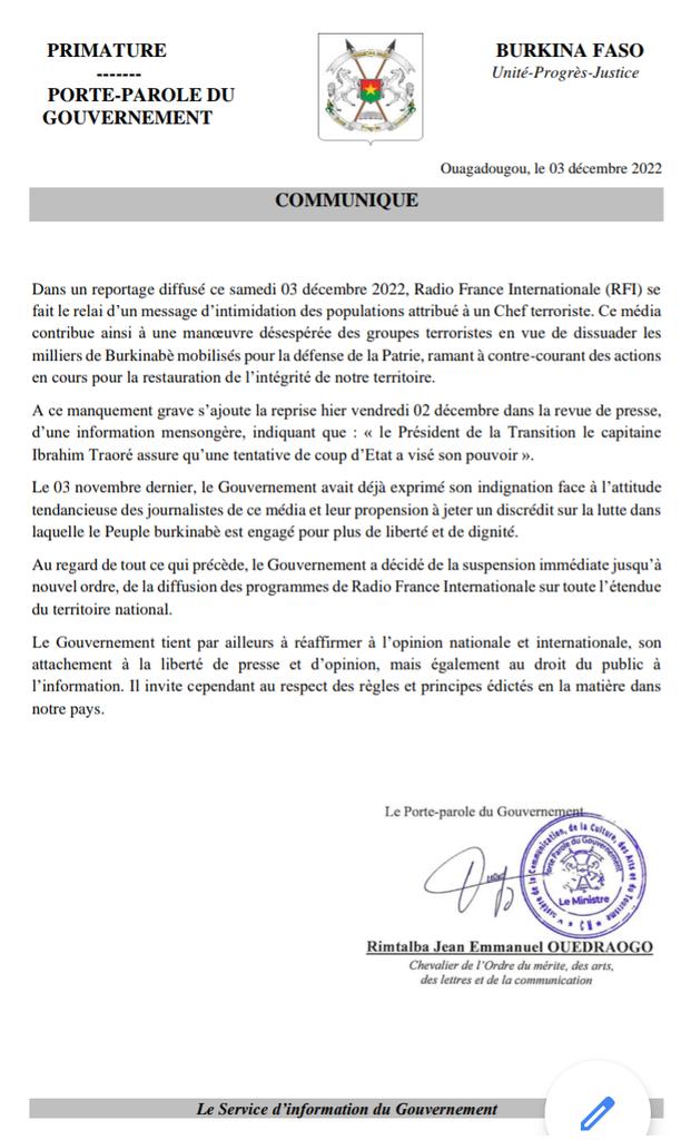 sigbf's tweet image. #Communiqué

Le Gouvernement a décidé de la #suspension immédiate jusqu’à 
nouvel ordre, de la diffusion des programmes de Radio France Internationale #RFI sur toute l’étendue 
du territoire national.

#Com_Gouv_BF 
#SIGBurkina 
#BurkinaFaso