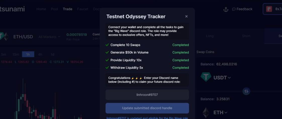 Argency1994's tweet photo. testnet của TsunamiFinance - Sàn Dex trên Aptos có cả Spot với Future (tiềm năng) 
Những người tham gia Testnet nhận Role Big Wave trên Discord. Role Big Wave sẽ được nhận NFT
 Hướng dẫn tham gia: https://t.co/WjrP0qya3J