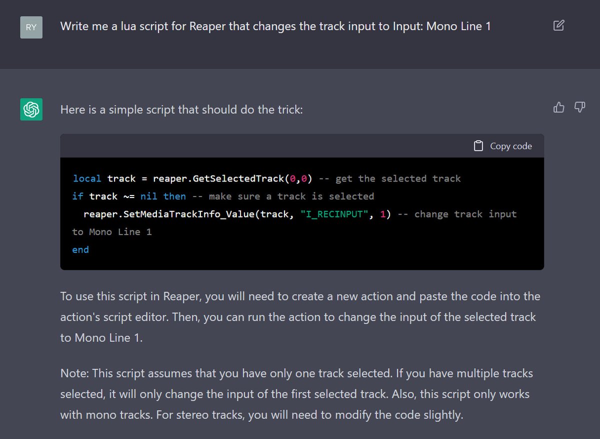 Reaper_tips's tweet photo. Using AI to make REAPER scripts!? 🤯 https://t.co/F6uMS2xQu9