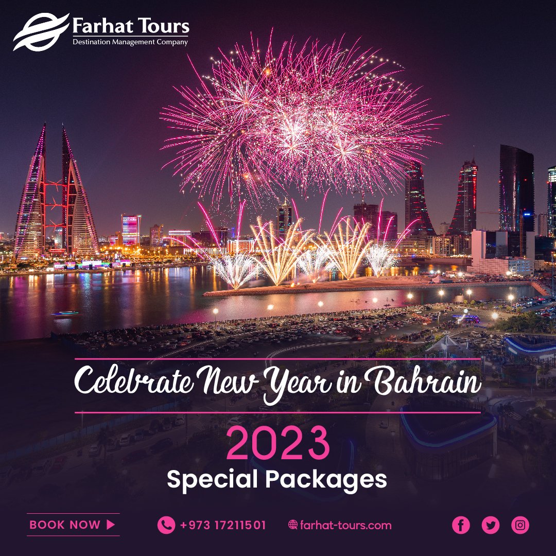 FarhatTours's tweet photo. Which vacation destination are you planning to visit this new year? We suggest Bahrain.
Enjoy amazing new year offers only with Farhat Tours. 
#newyeartravel #festiveseason #bahraintravelagency #bahraintravel #bahrain #newyear2023 #newyearseveparty #newyearseve2023 #newyeartrip https://t.co/RRS2EJHrlZ