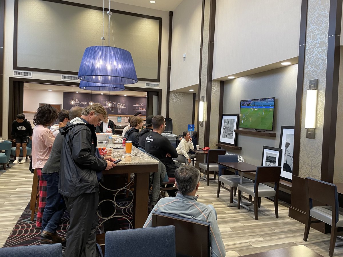 Strangers gathered in lobby of Hampton Inn (The Parkway, Greenville, SC) watching USA v. Netherlands play in #worldcup. ⁦<a href="/HiltonHotels/">Hilton Hotels</a>⁩, kudos to the staff who kept breakfast open late and treated us like guests in their living room. That’s why I’m a gold level HH member.