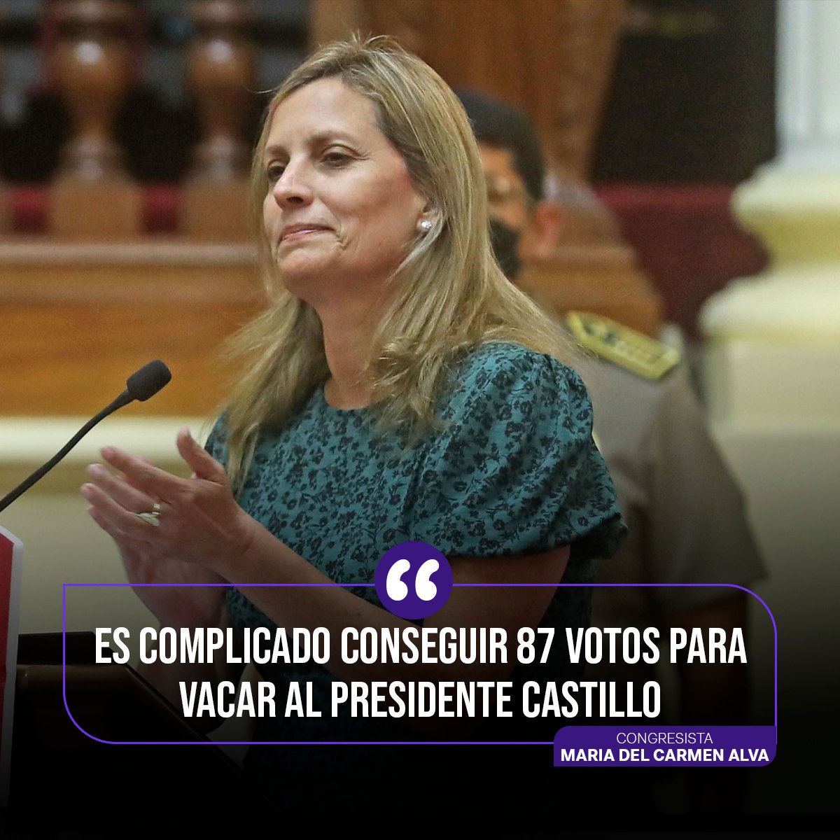 FuegotvP's tweet photo. 🟣#Política: La expresidenta del Congreso, Maria del Carmen Alva, declaró para RPP que ve complicado el lograr los 87 votos para vacar al presidente. Además, llamó a sus colegas a pensar en los intereses del país y no dejarse enamorar por ofrecimientos, pues nadie es ingenuo. https://t.co/m4zbG0VKdo