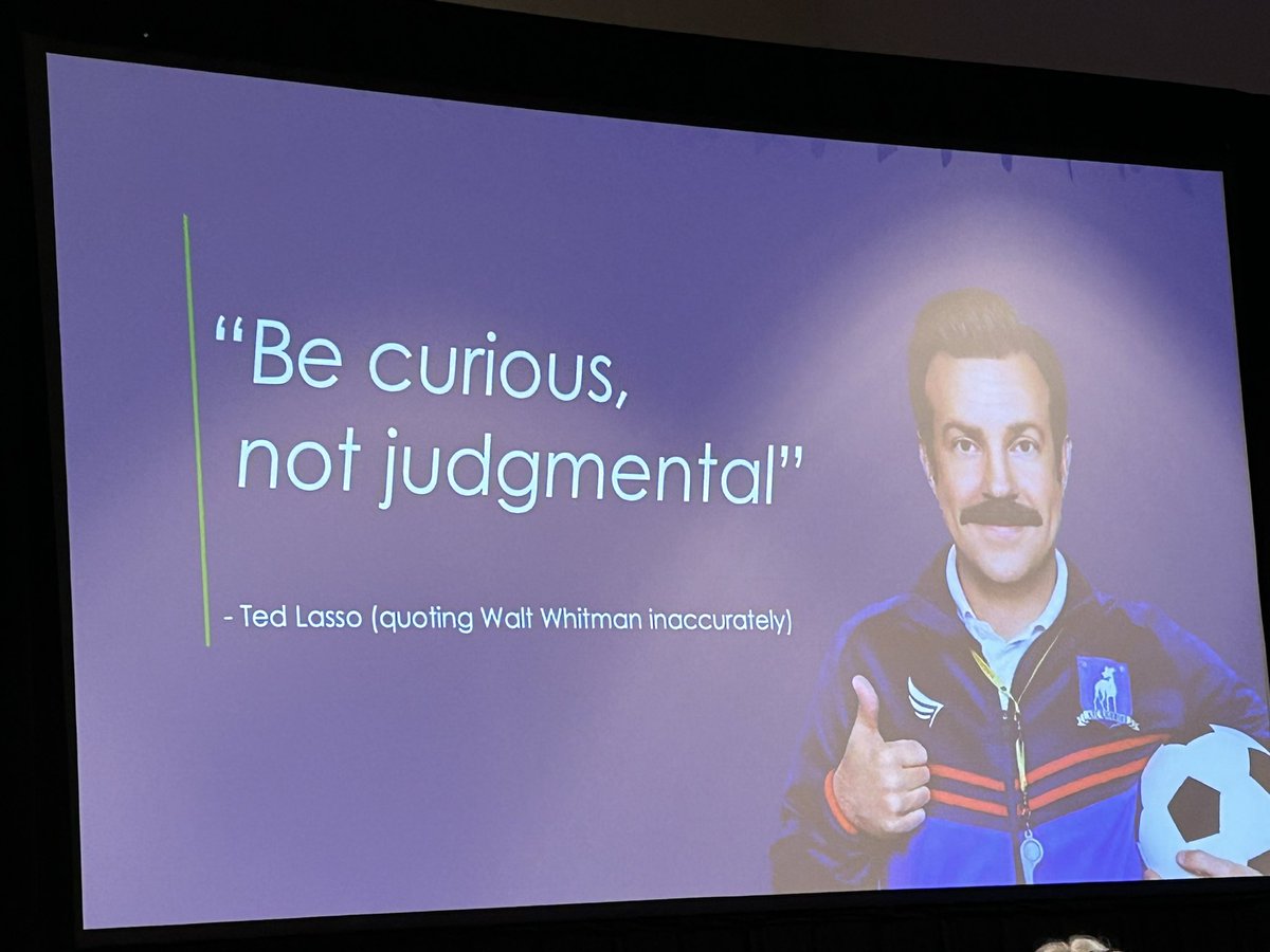 StaceyBurchHEB's tweet photo. ✅ I’m in! Any presentation that includes quotes from #tedlasso ⚽️ is automatically more engaging. ❣️Empathize with people. Chronic stress delays 🧠 brain development in the temporal lobe. 🥺 #innovativeschoolssummit #innovateheb #edtechheb https://t.co/KOHpRaKUUP