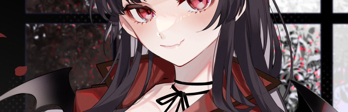 1girl solo red eyes black hair looking at viewer fang smile  illustration images