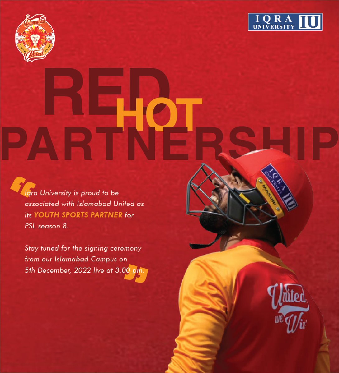 IqraUniOfficial's tweet photo. Iqra University has renewed its partnership with Islamabad United as its official Youth Sports Partner for Season 8 of the Pakistan Super League. A formal signing ceremony will be held at Iqra University Chak Shehzad Campus on 5th December at 3.00 pm.  

#IUxIU #IqraUniversity https://t.co/tmB1DdxfeE
