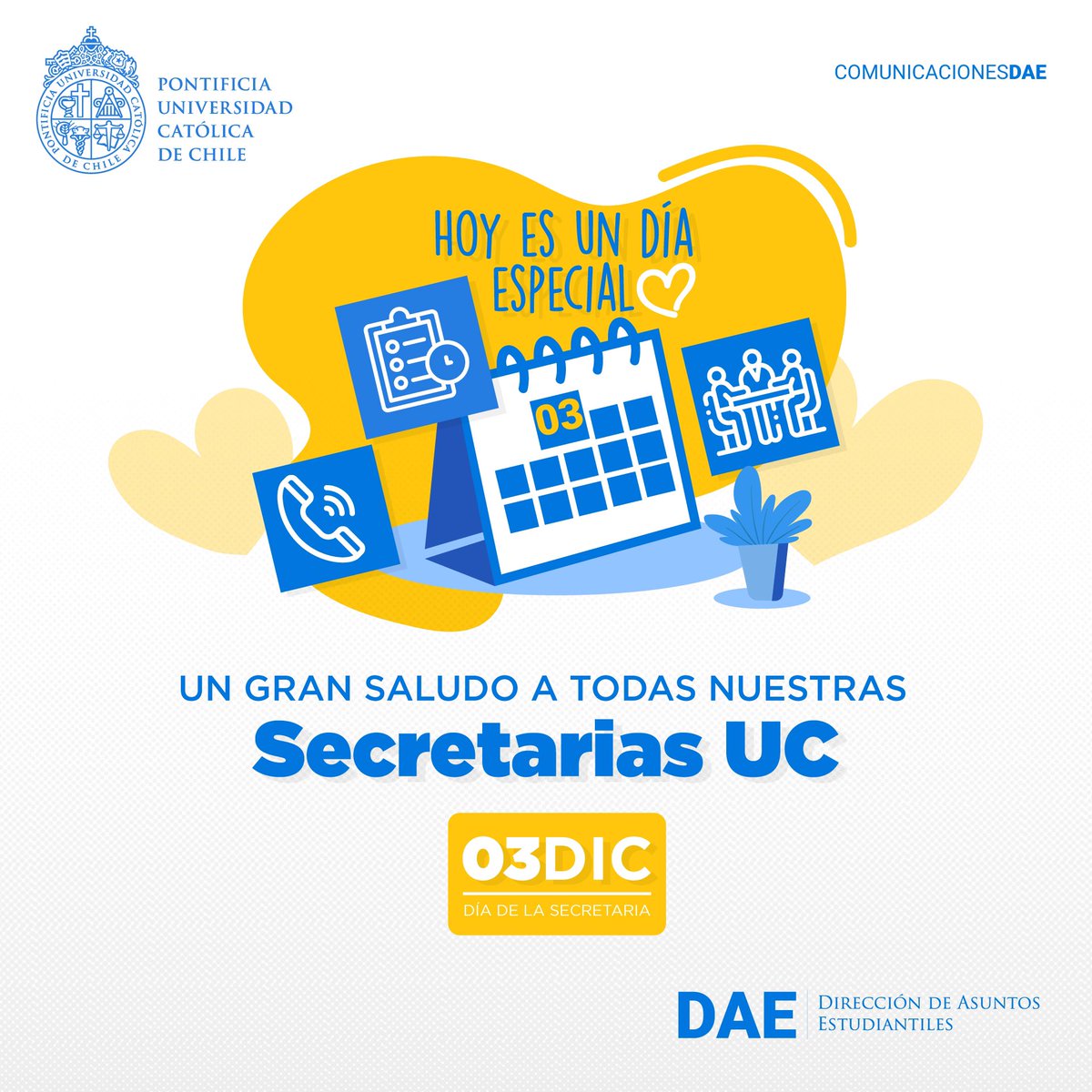 ✨¡Feliz día de la #Secretaria!👩🏻‍💻
Hoy saludamos cariñosamente a las secretarias y asistentes de todas las áreas #DAE (Salud y Bienestar, Deportes, Desarrollo Estudiantil, Dirección General y Subdirección de Gestión).

Sin su labor y compromiso, nada sería posible. 💛¡Gracias!